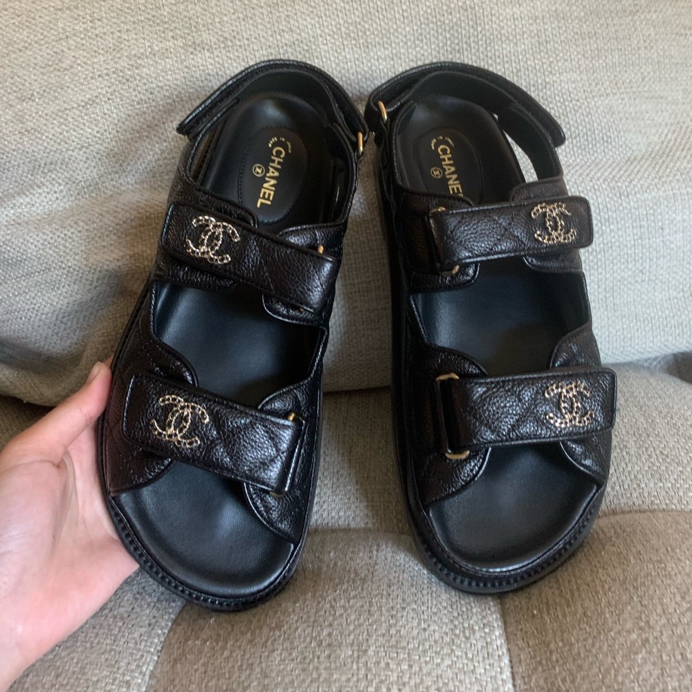 Chanel Dad Sandals Black Caviar Dad Sandal GoldCC Logo Mule Slide Flat size37.5 - Picture 3 of 10